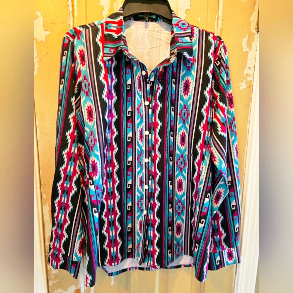 Sterling Kreek Aztec Print Western Long Sleeve Snap Button Front Shirt Large